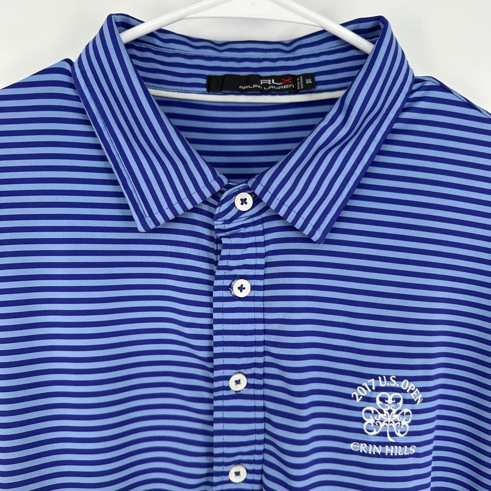 RLX Ralph Lauren Mens XXL Blue Striped 2017 US Open Erin Hills Golf Polo Shirt